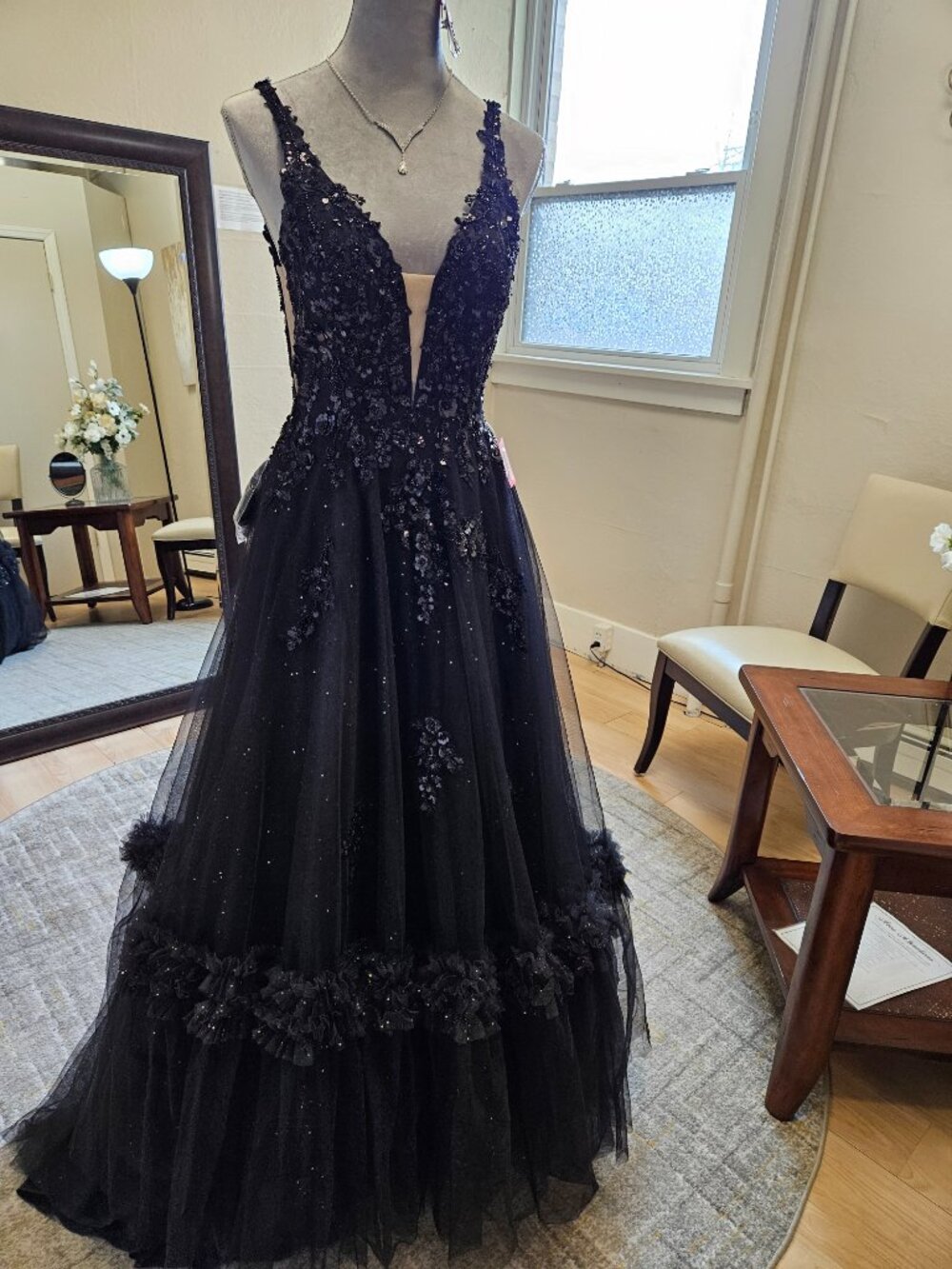 Size 6 Black Tank Strap Open Back Sparkle/Sequin Ballgown By Amarra - Picture 2 of 15